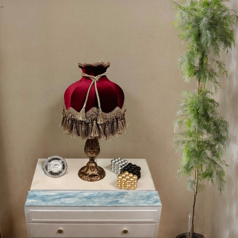 Klasik Abajur BRONZ Ayak BORDO Başlık 51CM.